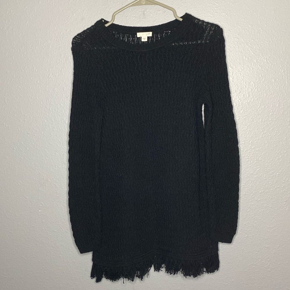 J. Jill Black Knit Crew Neck Sweater with Fringe at Waist Size XS
